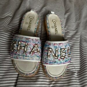 Tweed Slide Sandals with Gold Chain Logo - Pastel